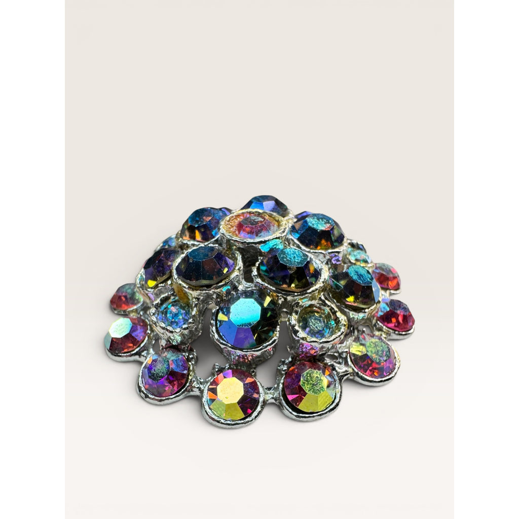 1960s Aurora Borealis Rhinestone Cluster Brooch Round Silver Tone Vintage