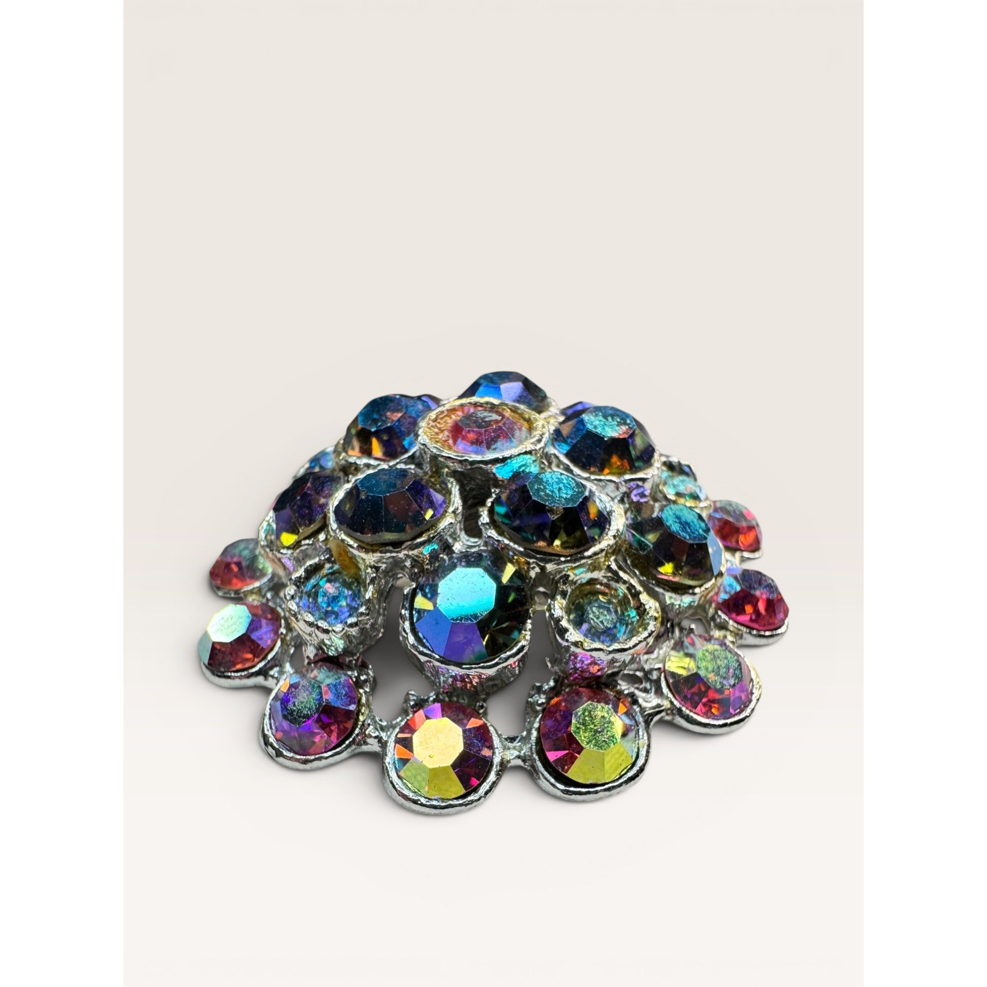 1960s Aurora Borealis Rhinestone Cluster Brooch Round Silver Tone Vintage