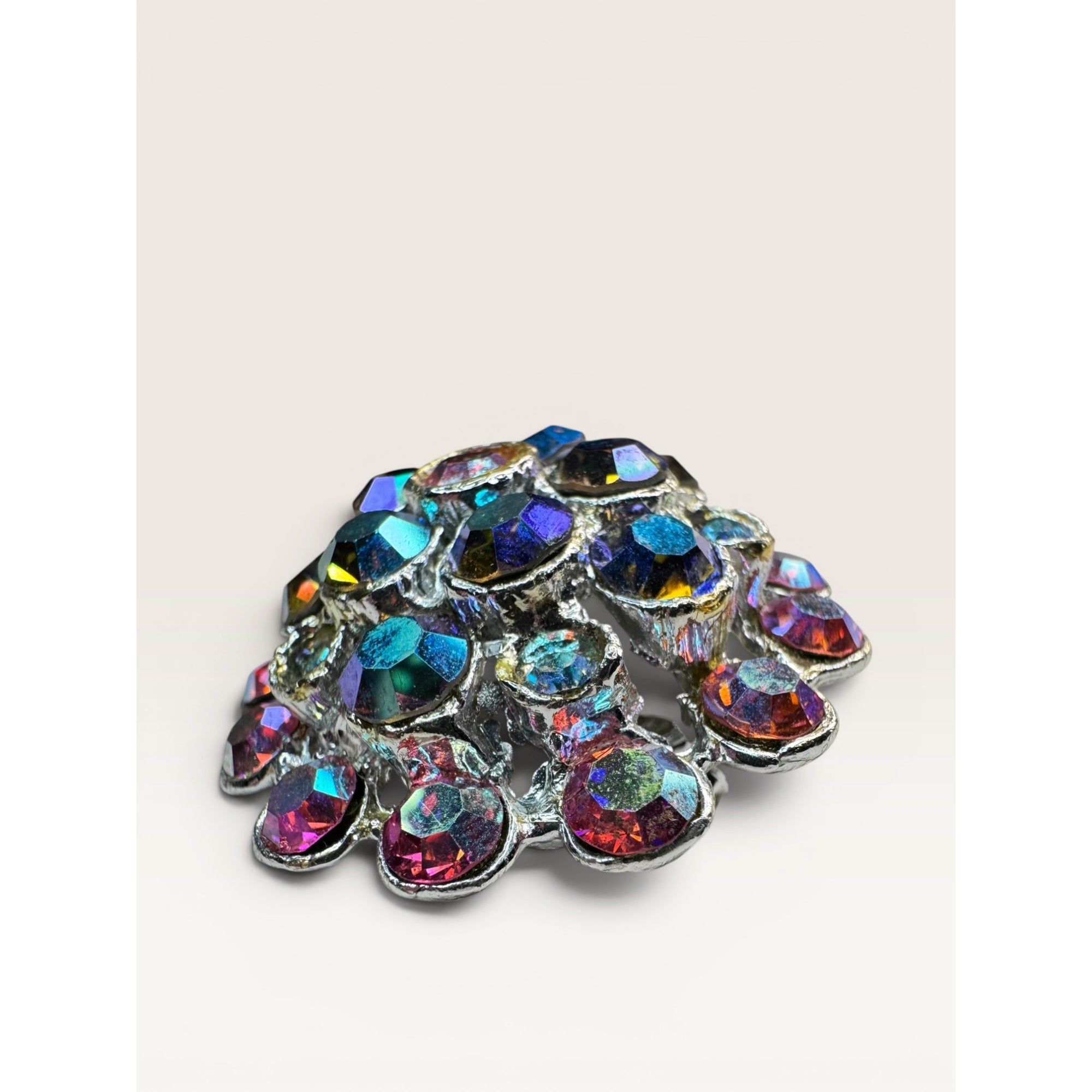 1960s Aurora Borealis Rhinestone Cluster Brooch Round Silver Tone Vintage