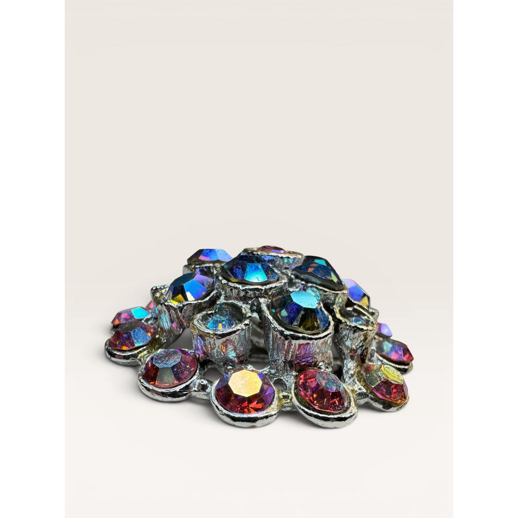 1960s Aurora Borealis Rhinestone Cluster Brooch Round Silver Tone Vintage
