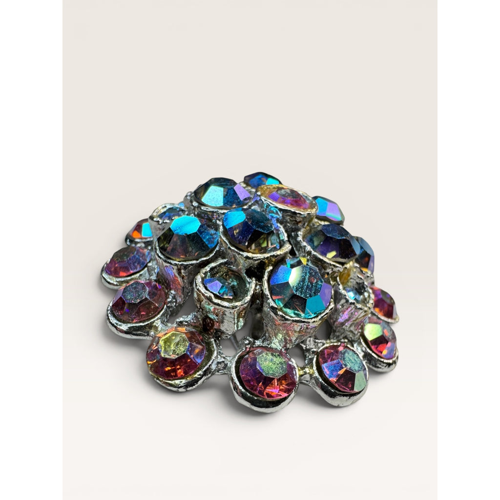 1960s Aurora Borealis Rhinestone Cluster Brooch Round Silver Tone Vintage