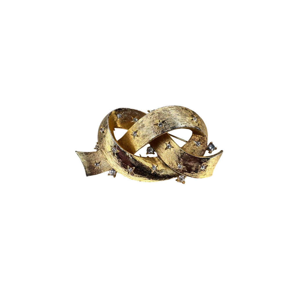 Gold Tone Ribbon Brooch Clear Crystal Starburst Swirl Vintage