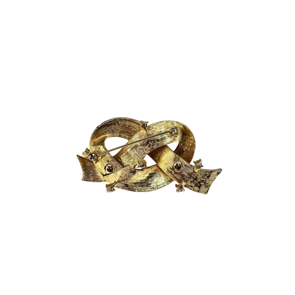Gold Tone Ribbon Brooch Clear Crystal Starburst Swirl Vintage