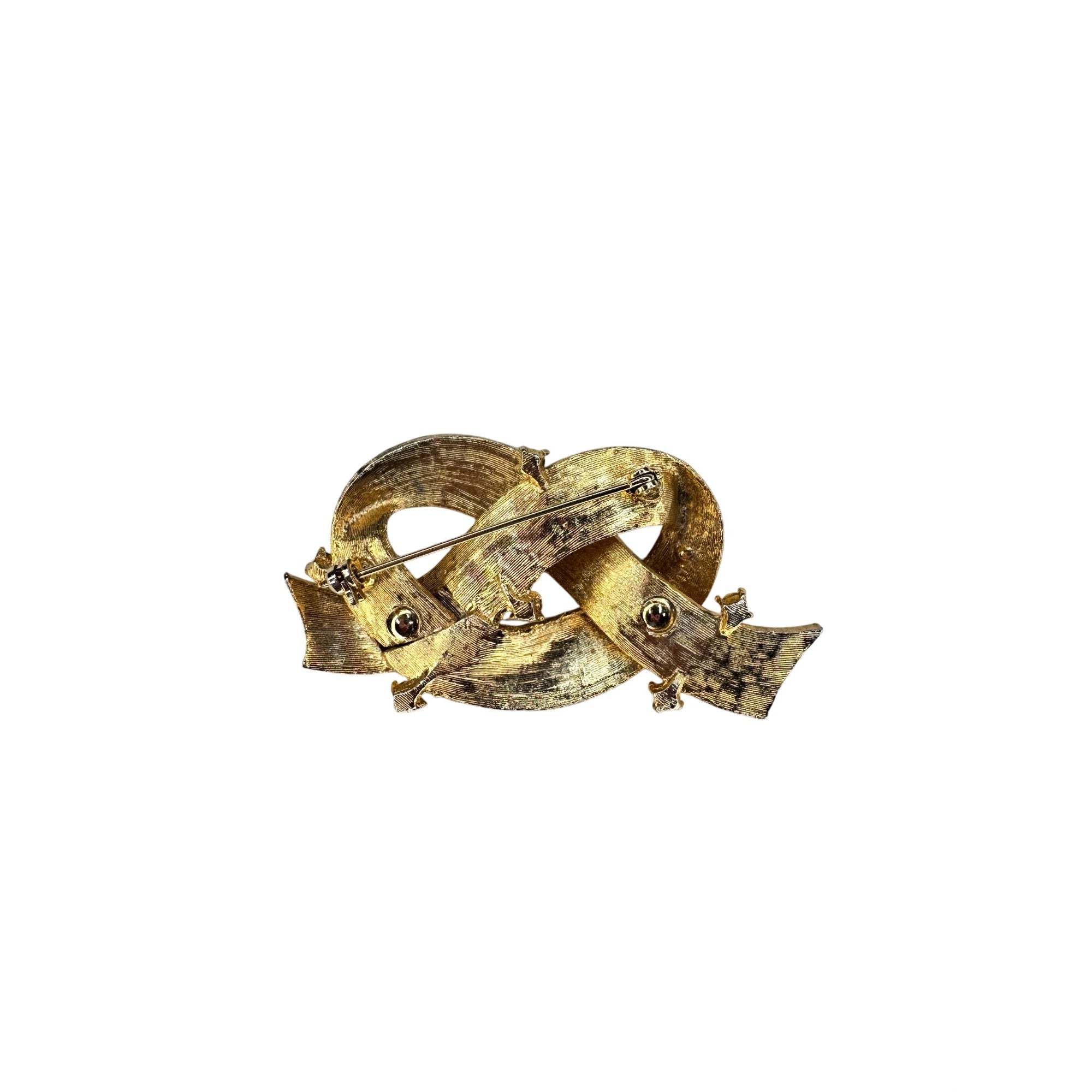 Gold Tone Ribbon Brooch Clear Crystal Starburst Swirl Vintage