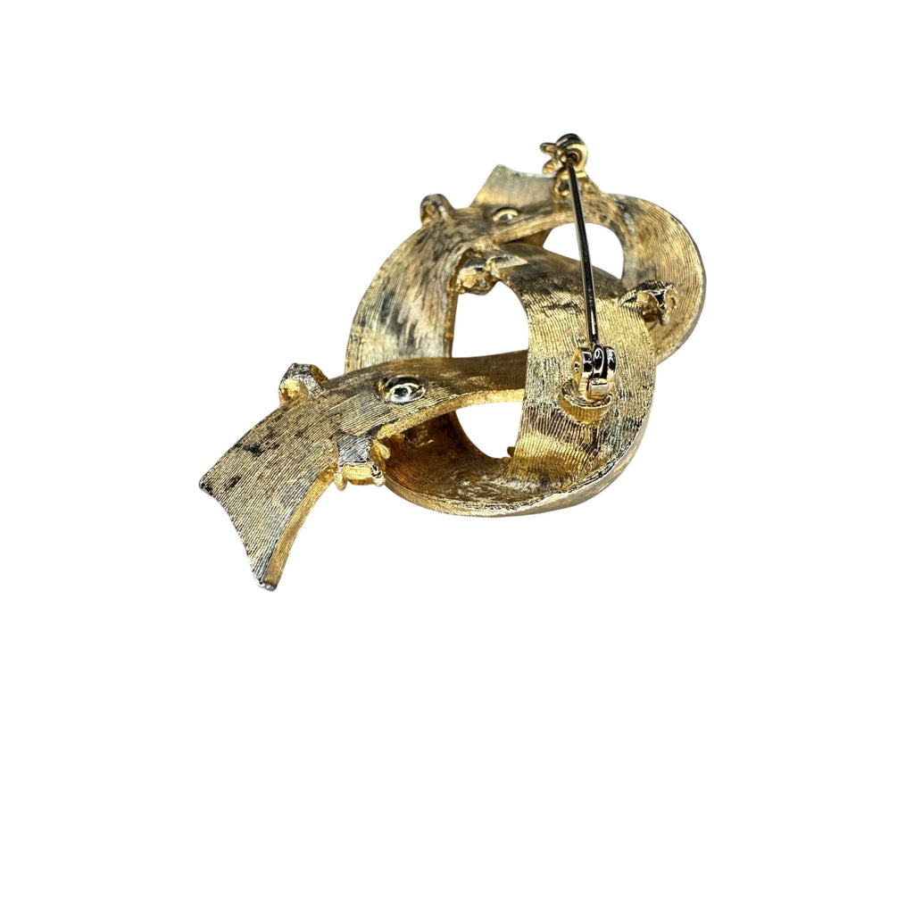 Gold Tone Ribbon Brooch Clear Crystal Starburst Swirl Vintage