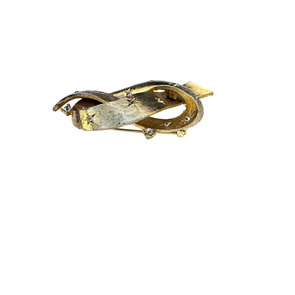 Gold Tone Ribbon Brooch Clear Crystal Starburst Swirl Vintage