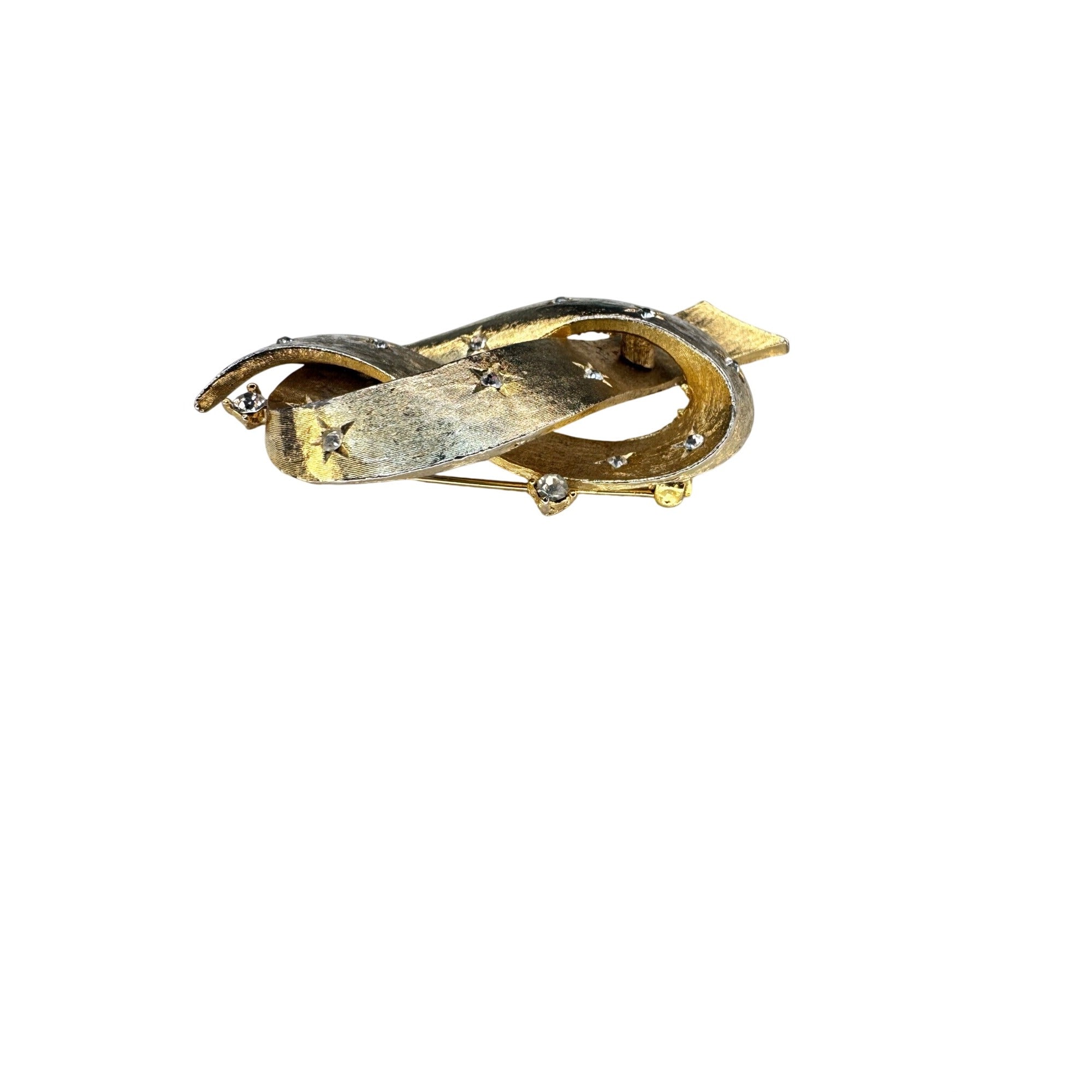 Gold Tone Ribbon Brooch Clear Crystal Starburst Swirl Vintage