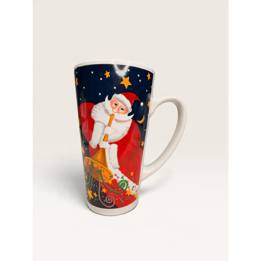 Christmas Santa Trumpet Night Sky Tall Stoneware Latte Mug 6 Inch Vintage 1990s