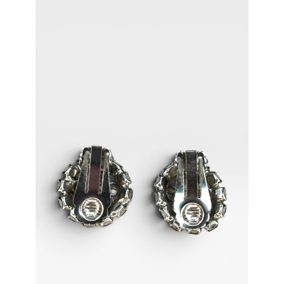 Aurora Borealis Crystal Rhinestone Clip On Earrings Silver Tone Vintage Scroll
