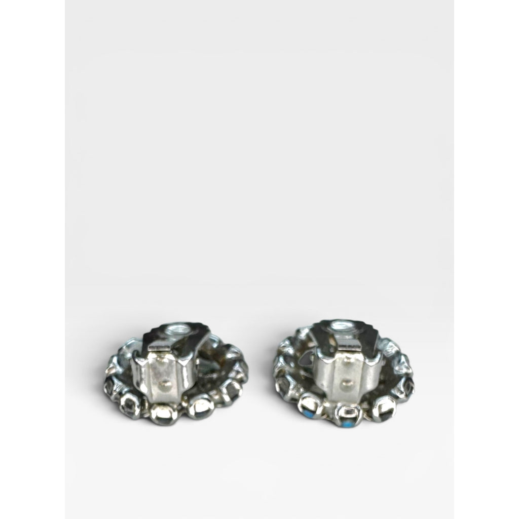 Aurora Borealis Crystal Rhinestone Clip On Earrings Silver Tone Vintage Scroll