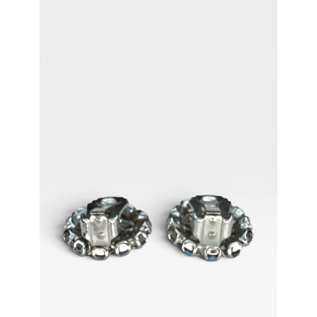 Aurora Borealis Crystal Rhinestone Clip On Earrings Silver Tone Vintage Scroll