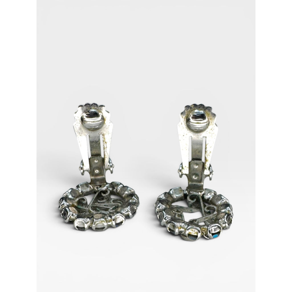 Aurora Borealis Crystal Rhinestone Clip On Earrings Silver Tone Vintage Scroll
