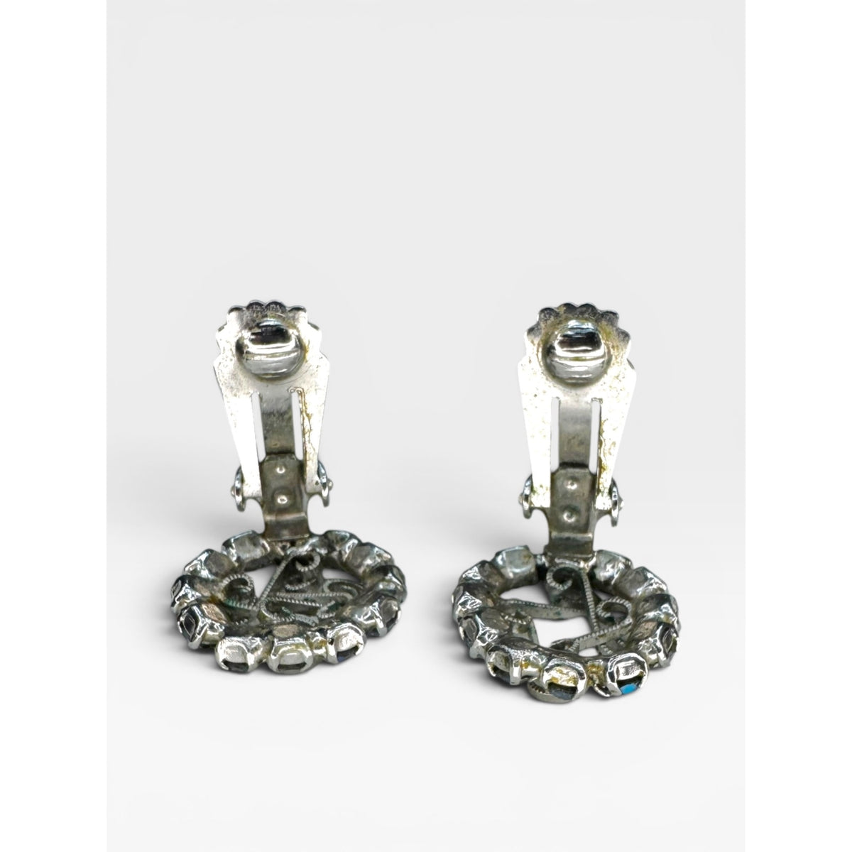 Aurora Borealis Crystal Rhinestone Clip On Earrings Silver Tone Vintage Scroll