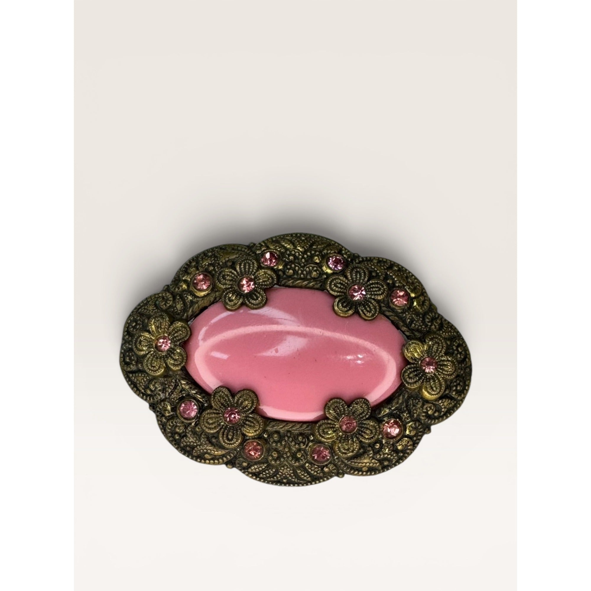 Pink Glass Cabochon Brooch Brass Flower Filigree C Clasp Vintage