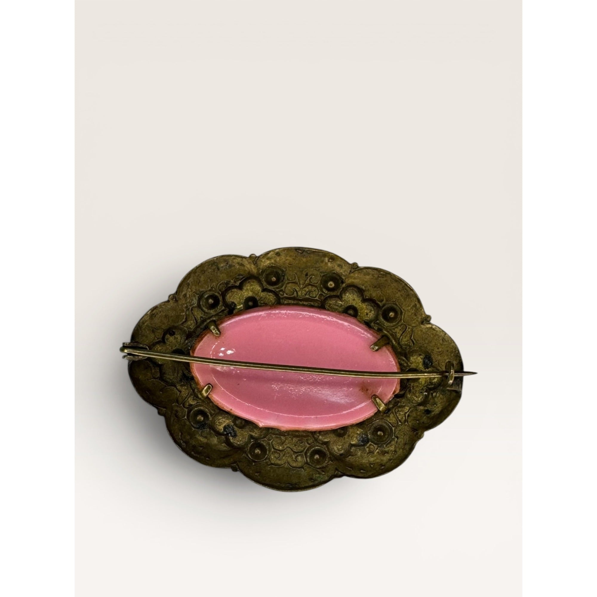 Pink Glass Cabochon Brooch Brass Flower Filigree C Clasp Vintage