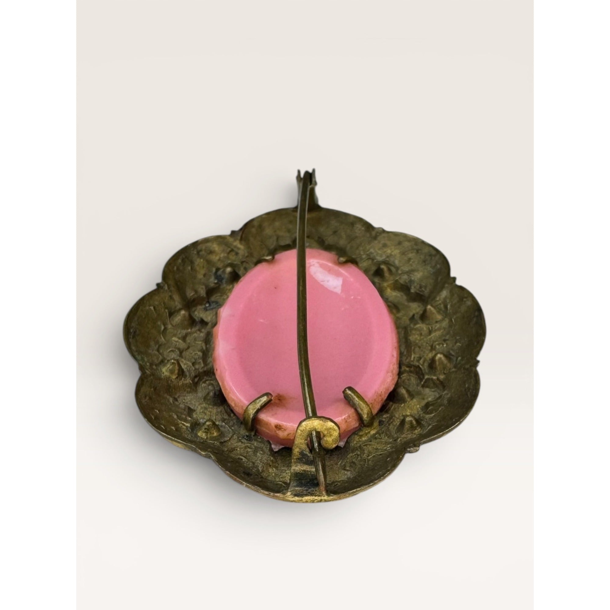 Pink Glass Cabochon Brooch Brass Flower Filigree C Clasp Vintage