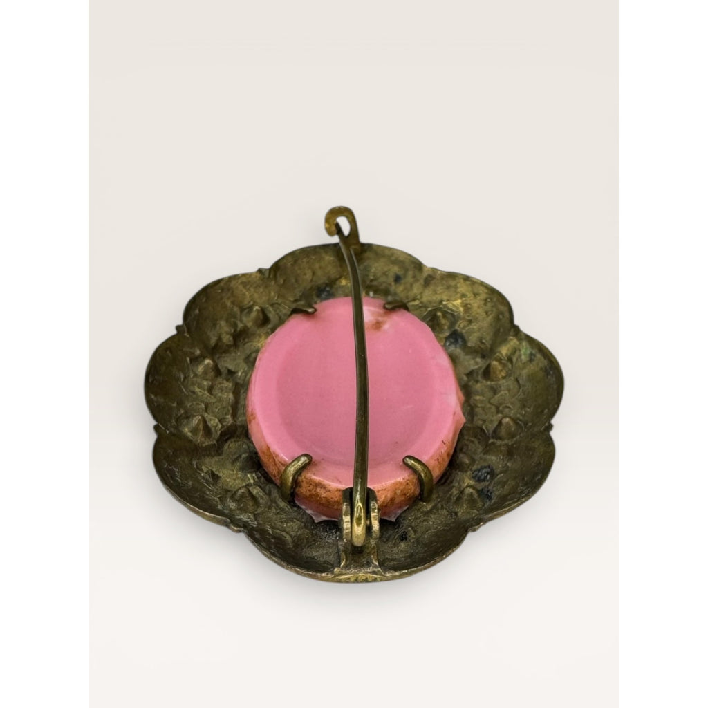 Pink Glass Cabochon Brooch Brass Flower Filigree C Clasp Vintage