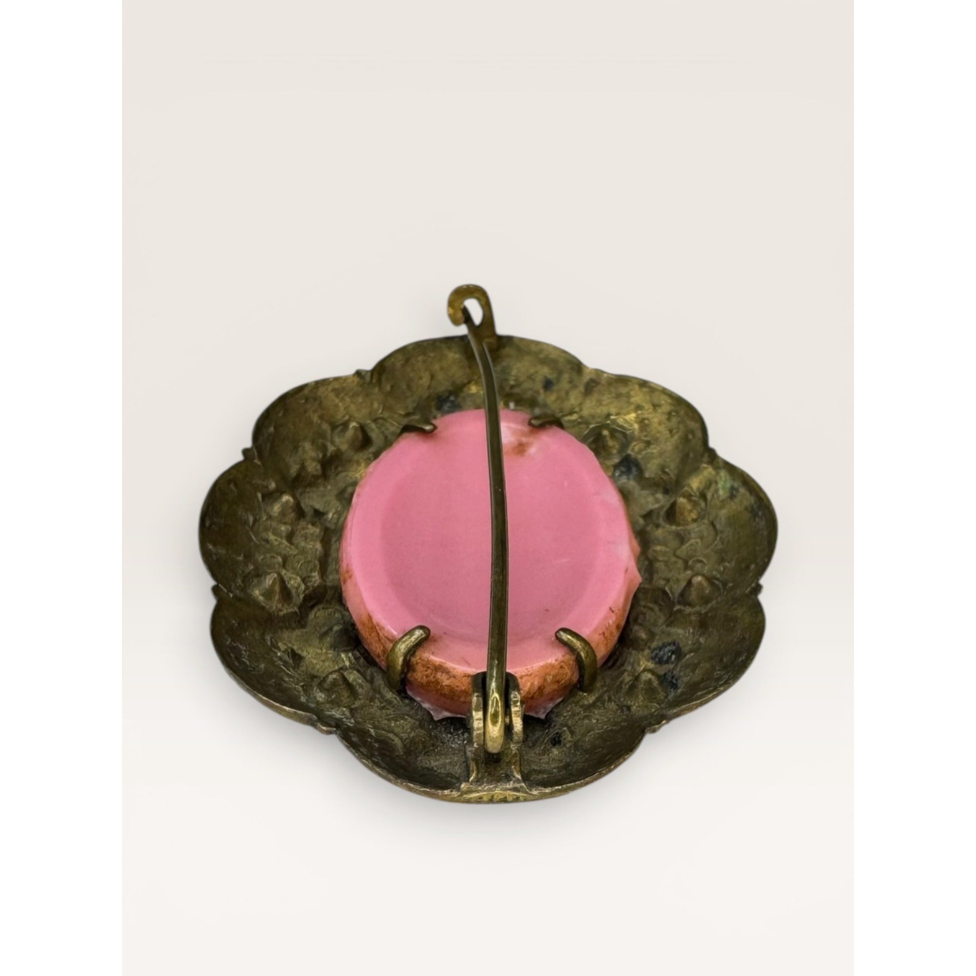 Pink Glass Cabochon Brooch Brass Flower Filigree C Clasp Vintage
