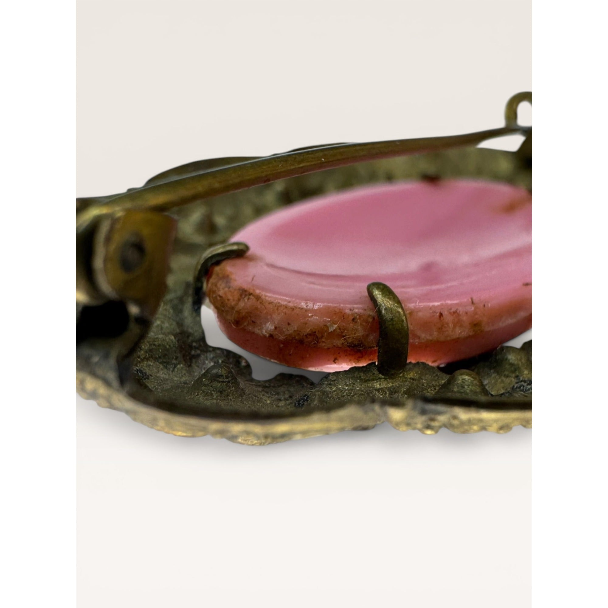 Pink Glass Cabochon Brooch Brass Flower Filigree C Clasp Vintage