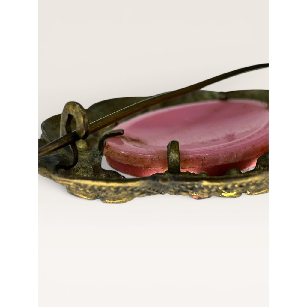 Pink Glass Cabochon Brooch Brass Flower Filigree C Clasp Vintage