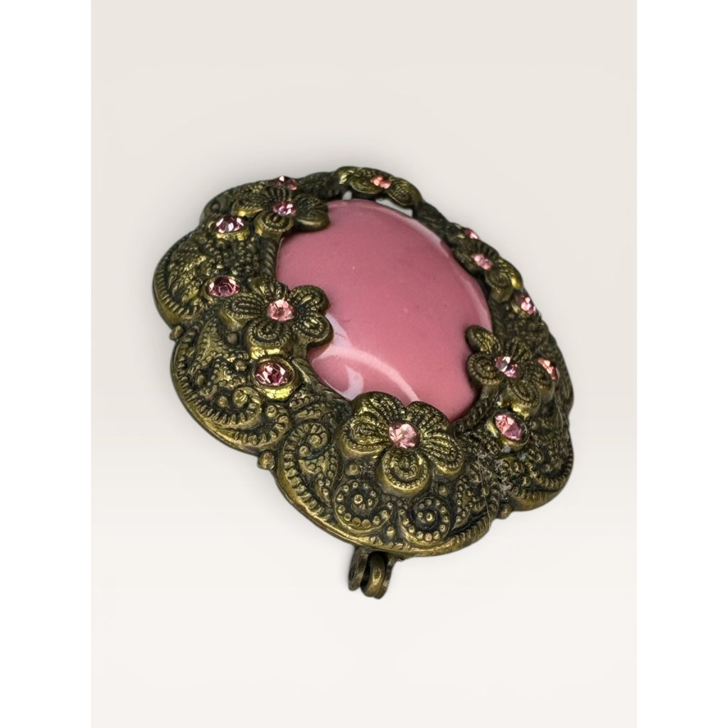 Pink Glass Cabochon Brooch Brass Flower Filigree C Clasp Vintage