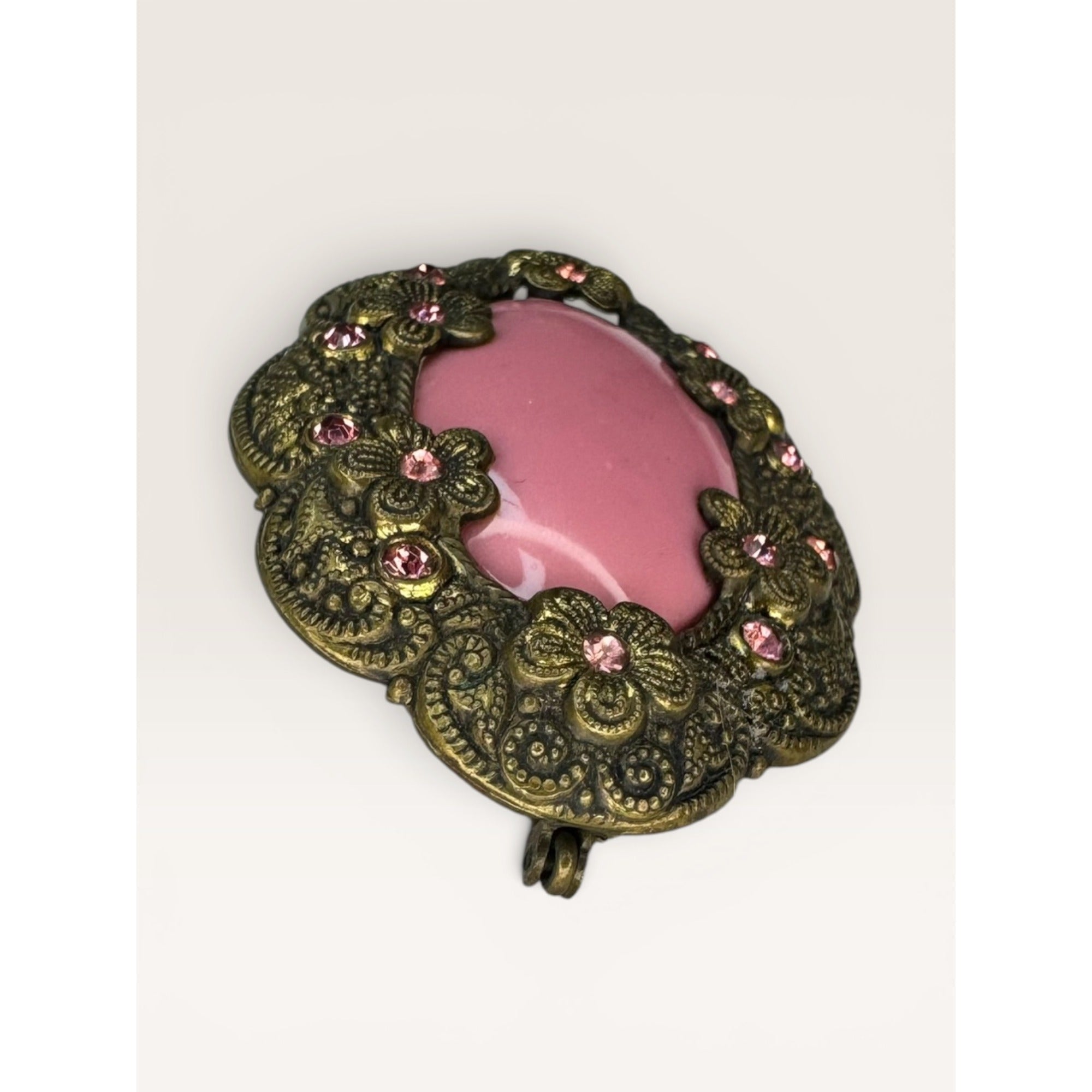 Pink Glass Cabochon Brooch Brass Flower Filigree C Clasp Vintage