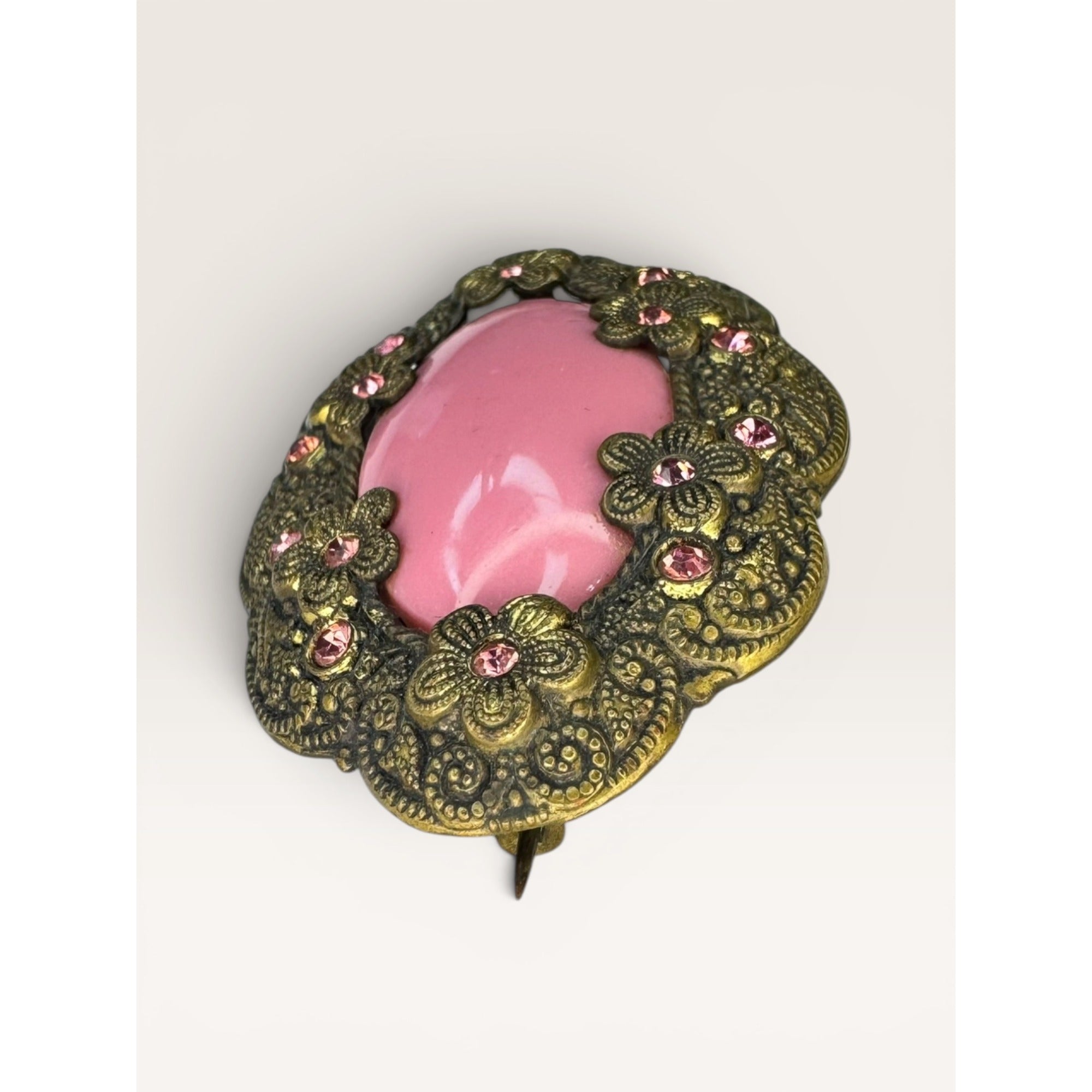 Pink Glass Cabochon Brooch Brass Flower Filigree C Clasp Vintage
