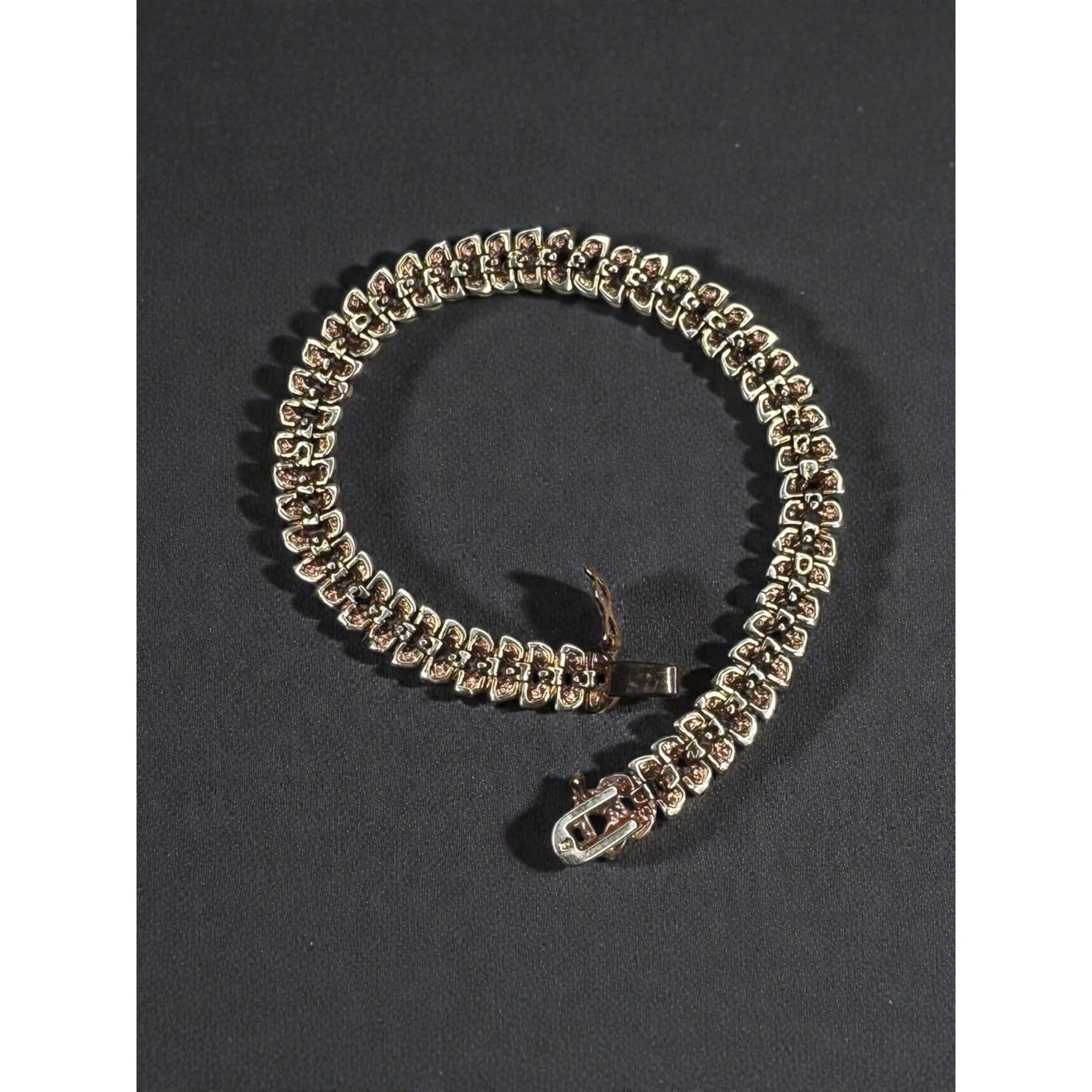 B Signed Chevron Leaf Tennis Bracelet Diamond Accent Gold Tone 1990s