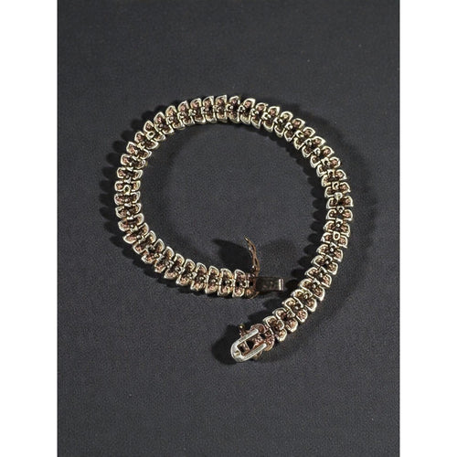 B Signed Chevron Leaf Tennis Bracelet Diamond Accent Gold Tone 1990s