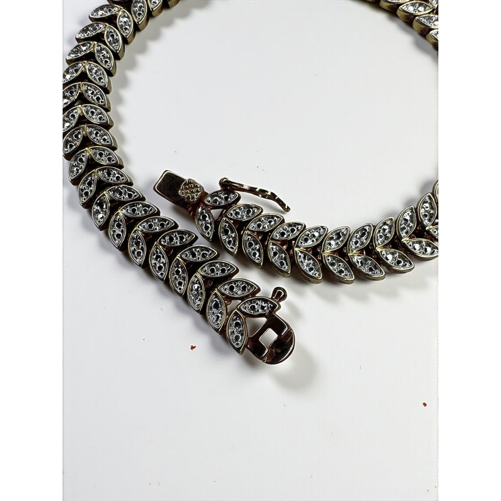 B Signed Chevron Leaf Tennis Bracelet Diamond Accent Gold Tone 1990s