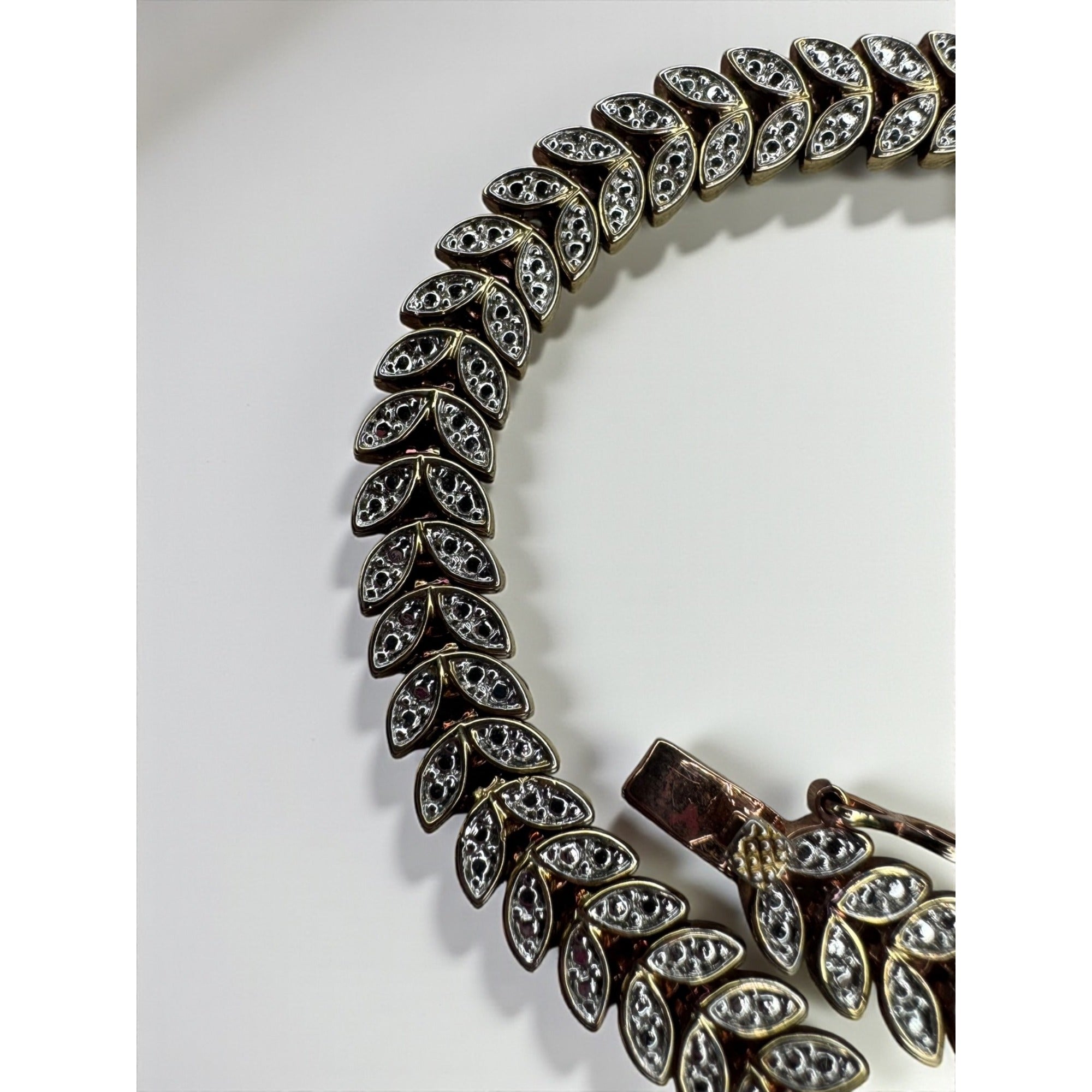 B Signed Chevron Leaf Tennis Bracelet Diamond Accent Gold Tone 1990s