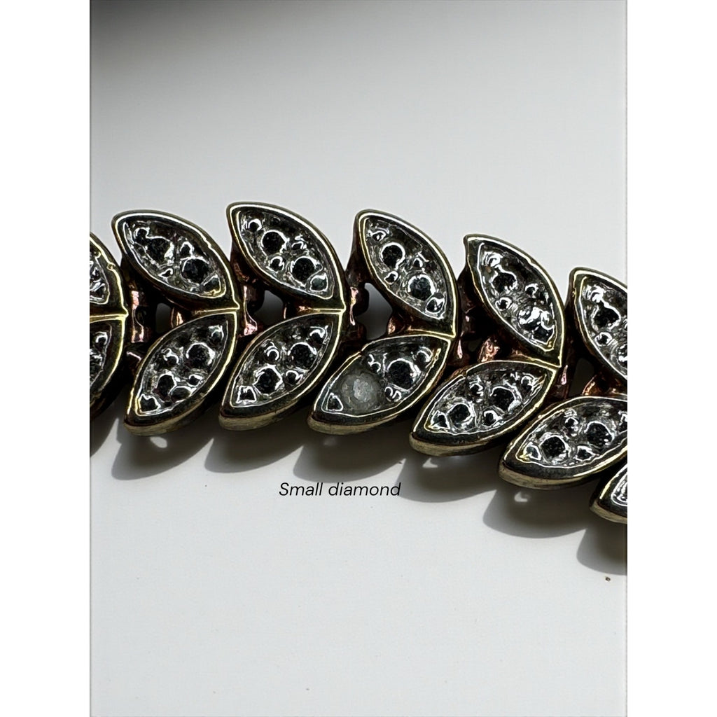 B Signed Chevron Leaf Tennis Bracelet Diamond Accent Gold Tone 1990s