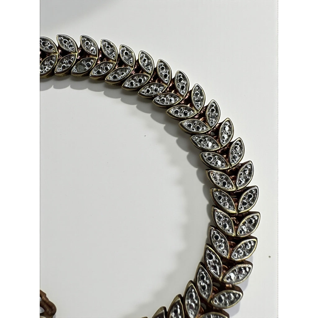 B Signed Chevron Leaf Tennis Bracelet Diamond Accent Gold Tone 1990s