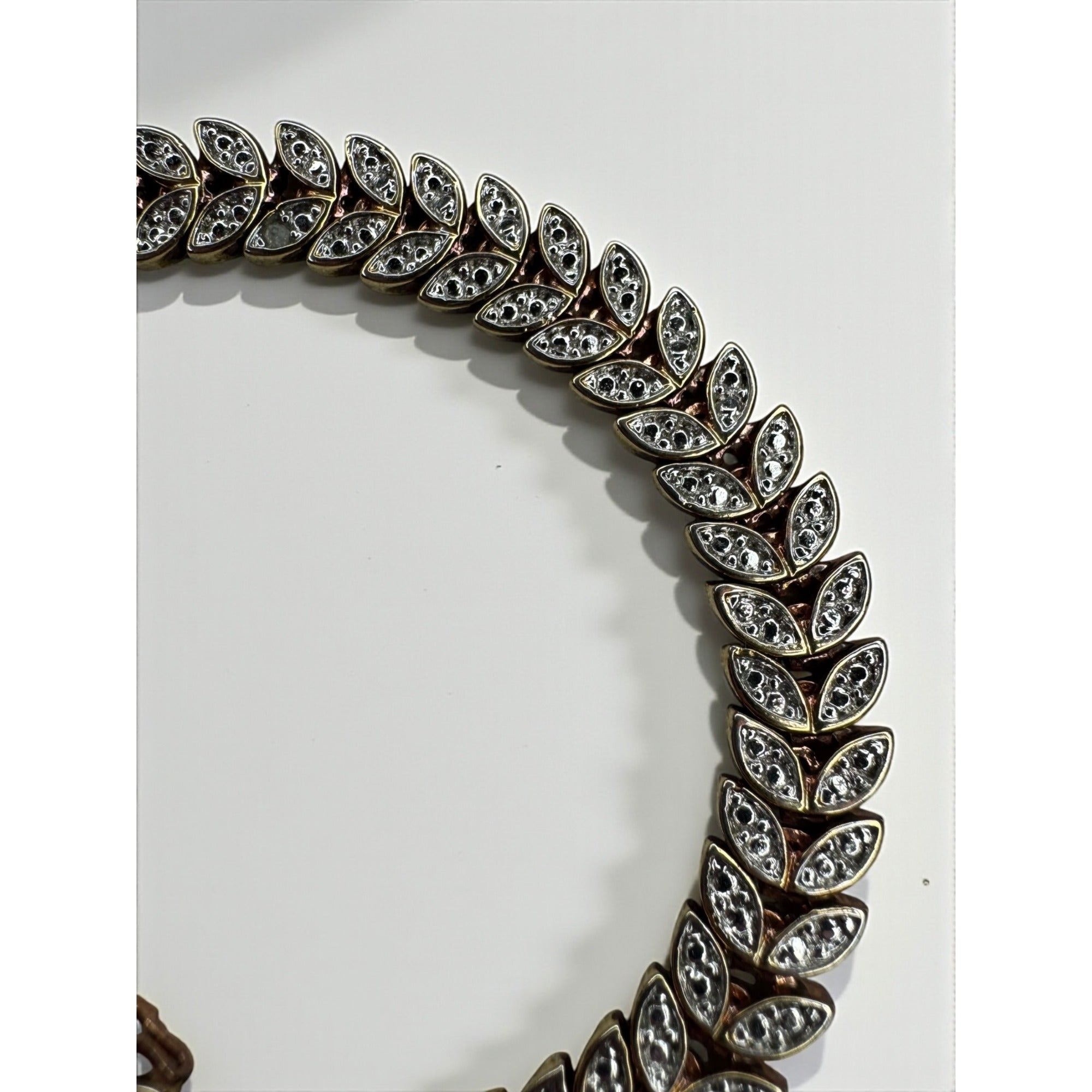 B Signed Chevron Leaf Tennis Bracelet Diamond Accent Gold Tone 1990s