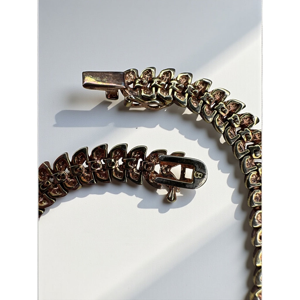 B Signed Chevron Leaf Tennis Bracelet Diamond Accent Gold Tone 1990s