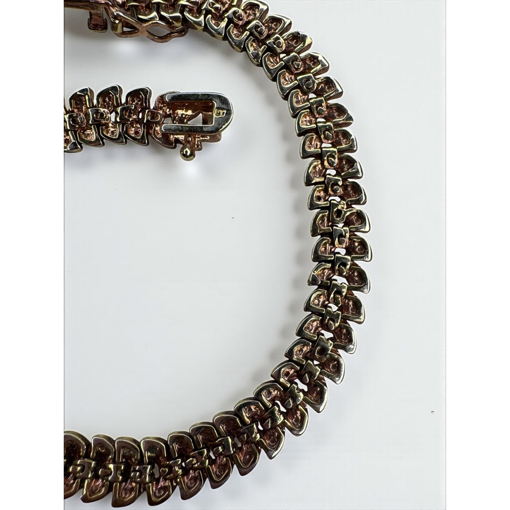 B Signed Chevron Leaf Tennis Bracelet Diamond Accent Gold Tone 1990s