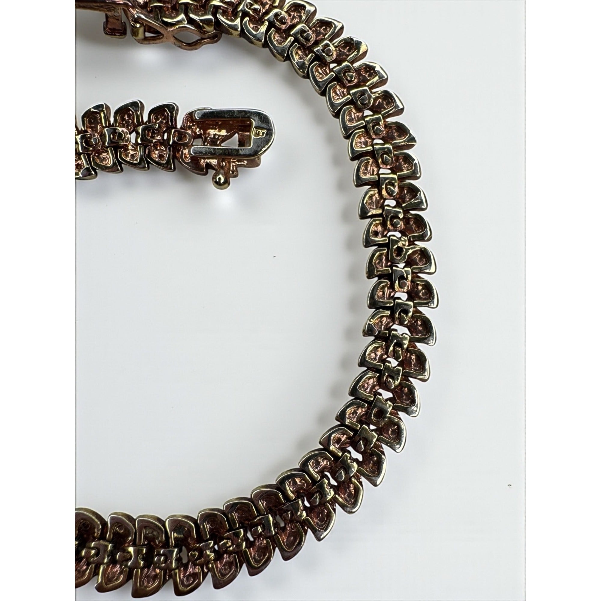 B Signed Chevron Leaf Tennis Bracelet Diamond Accent Gold Tone 1990s