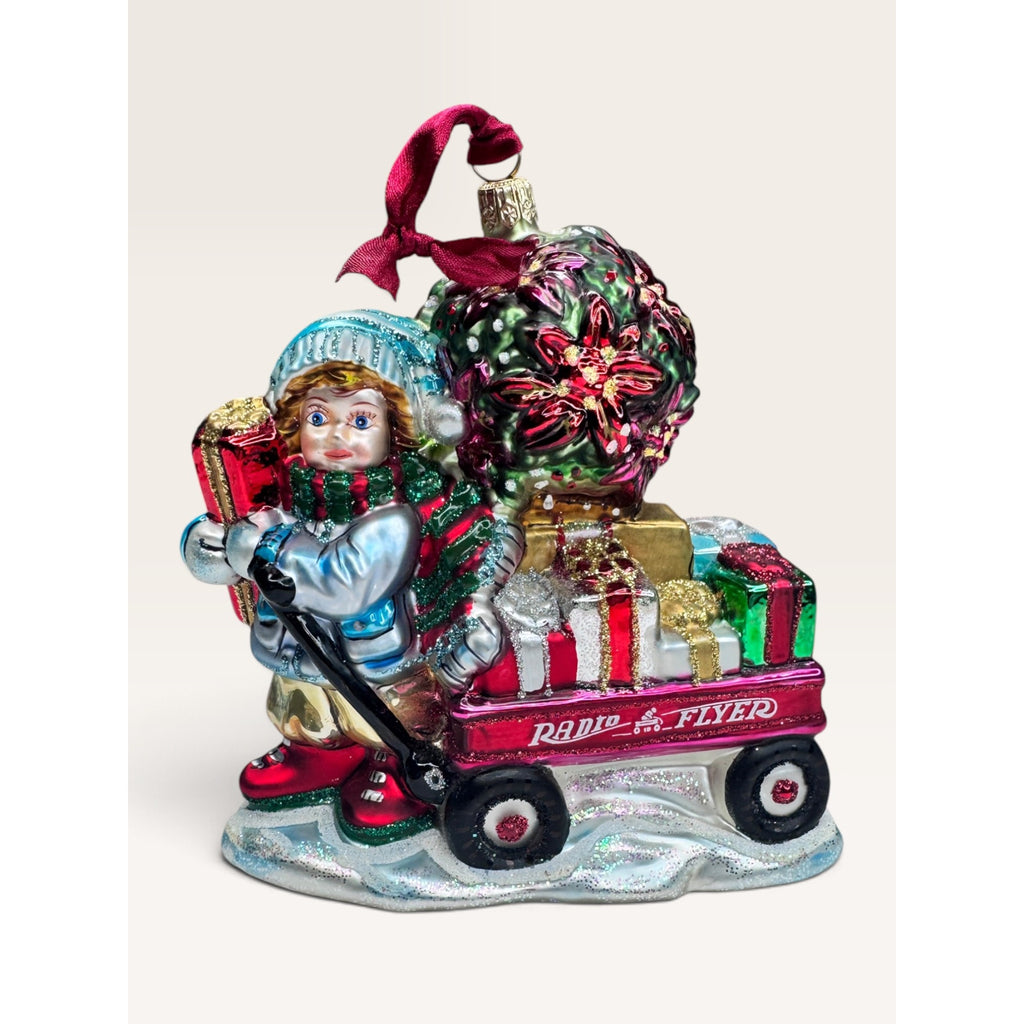 Radio Flyer Wagon Boy Poinsettia Tree Blown Glass Christmas Ornament 2002
