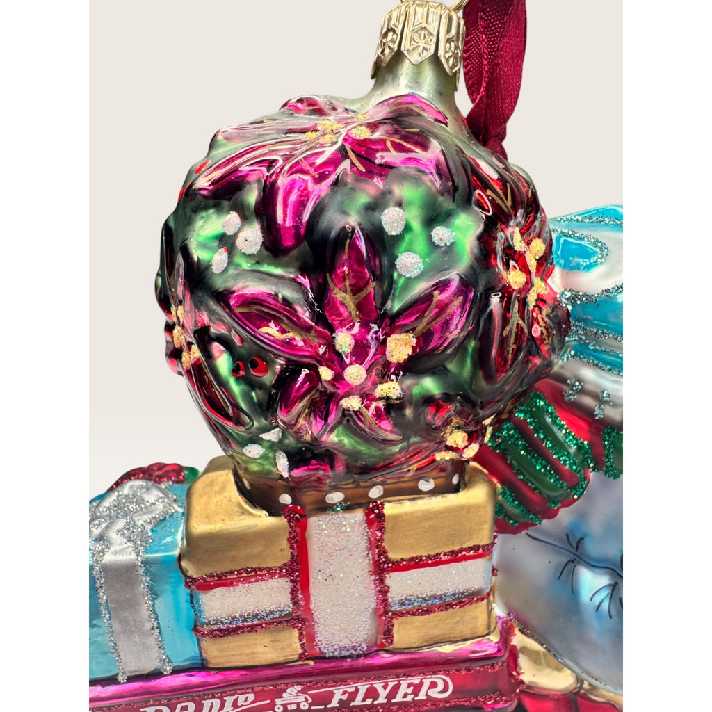 Radio Flyer Wagon Boy Poinsettia Tree Blown Glass Christmas Ornament 2002