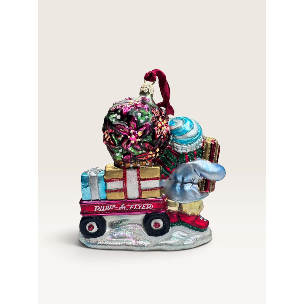 Radio Flyer Wagon Boy Poinsettia Tree Blown Glass Christmas Ornament 2002