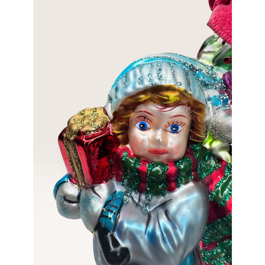 Radio Flyer Wagon Boy Poinsettia Tree Blown Glass Christmas Ornament 2002