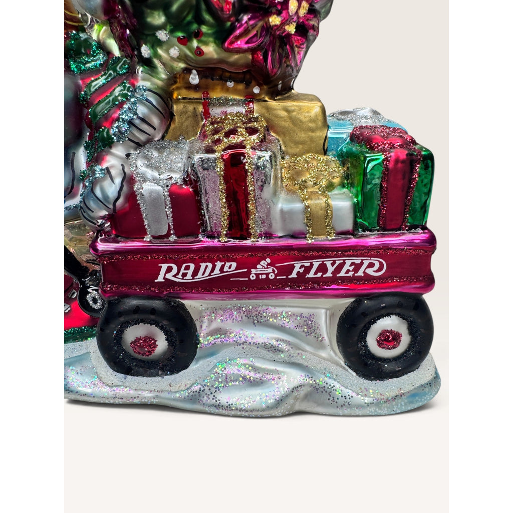 Radio Flyer Wagon Boy Poinsettia Tree Blown Glass Christmas Ornament 2002