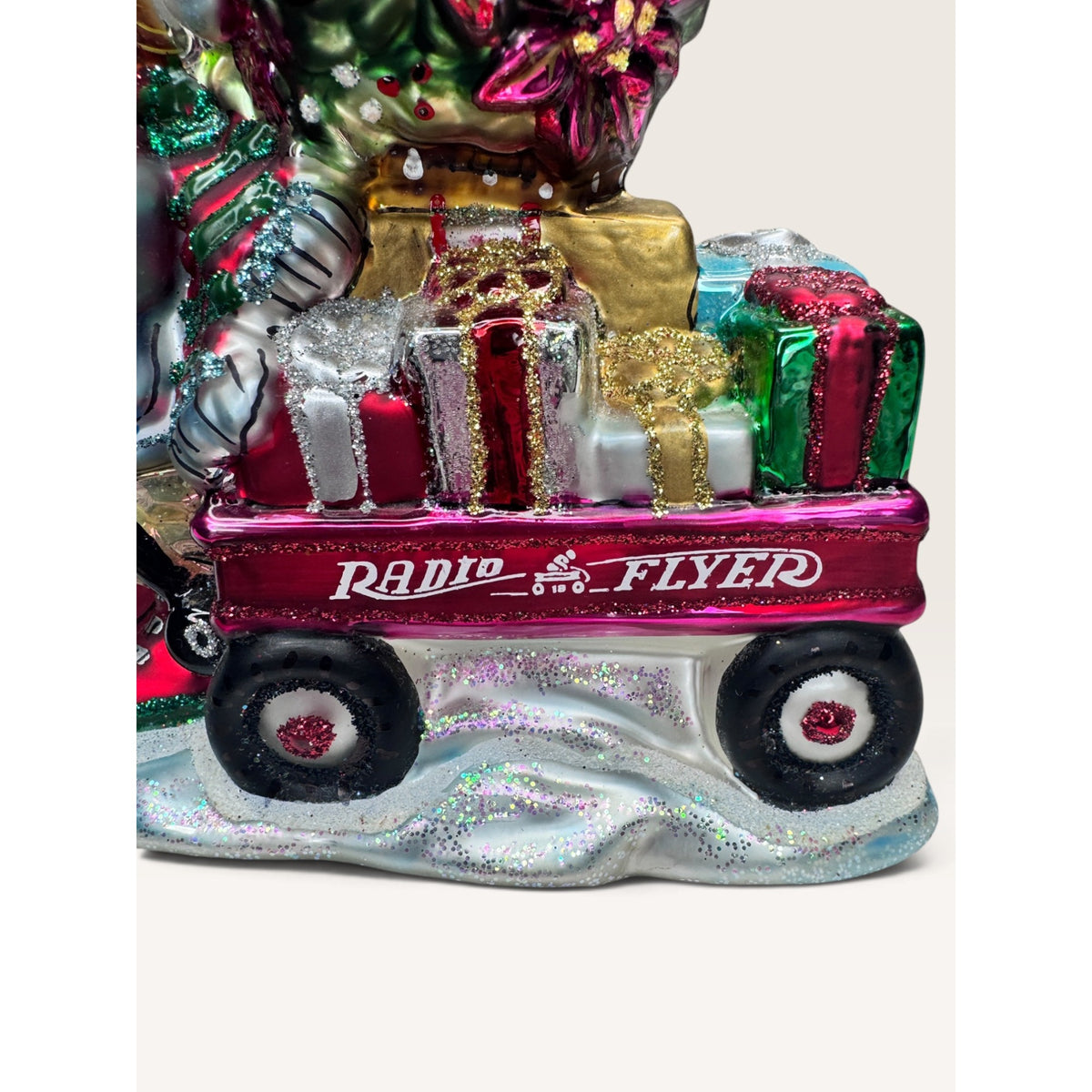 Radio Flyer Wagon Boy Poinsettia Tree Blown Glass Christmas Ornament 2002