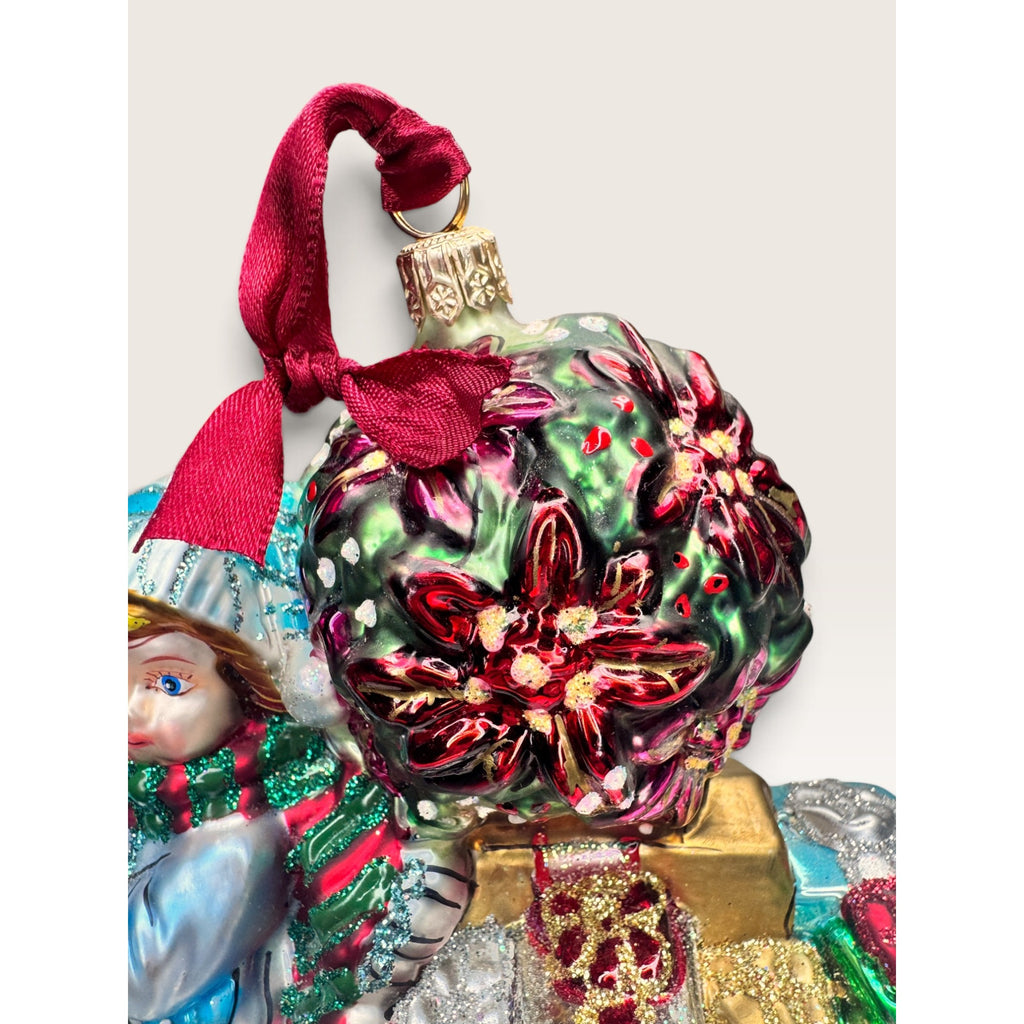 Radio Flyer Wagon Boy Poinsettia Tree Blown Glass Christmas Ornament 2002