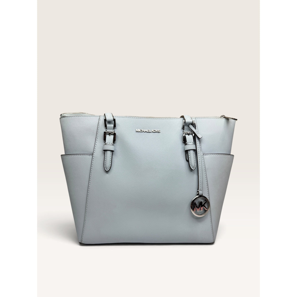 Michael Kors Charlotte Large Saffiano Leather Top Zip Tote Shoulder Bag Pale Blue