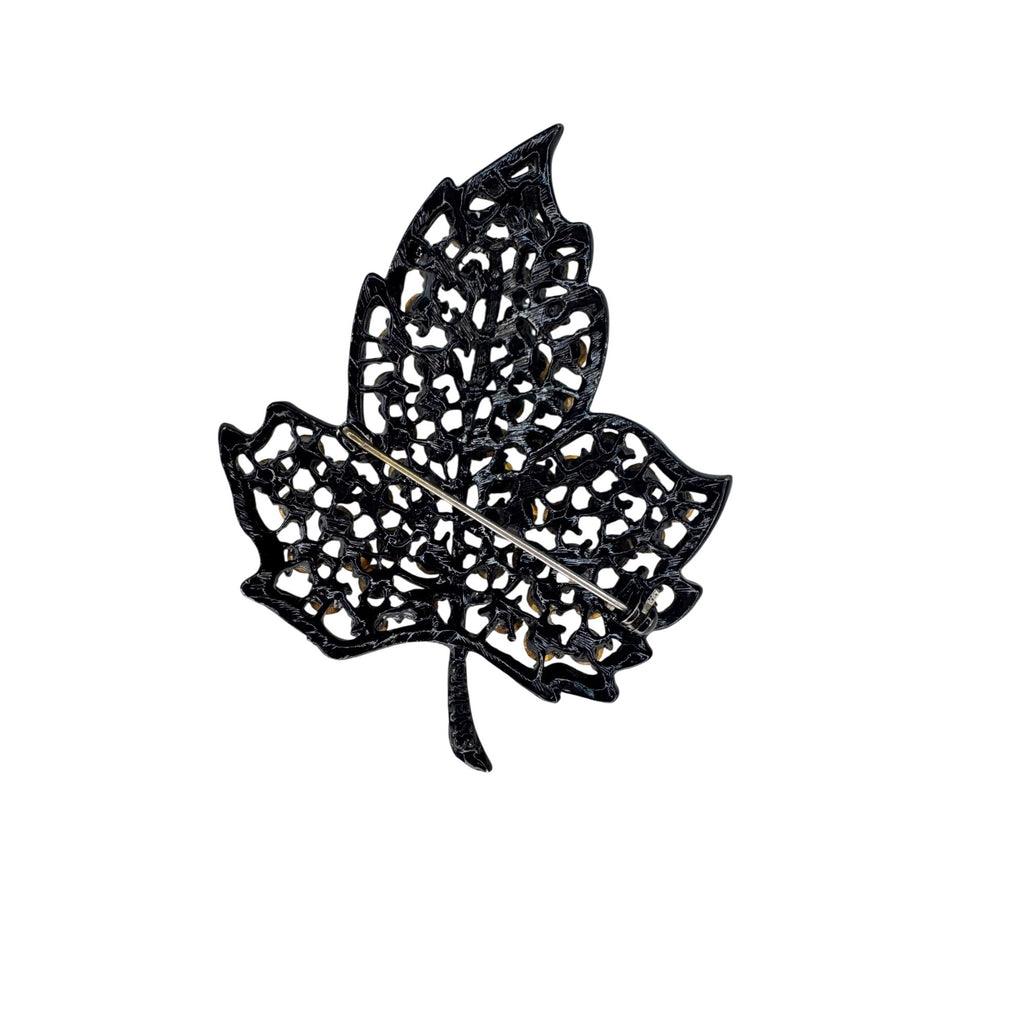 Weiss Black Crystal Enamel Leaf Brooch Vintage Mid Century