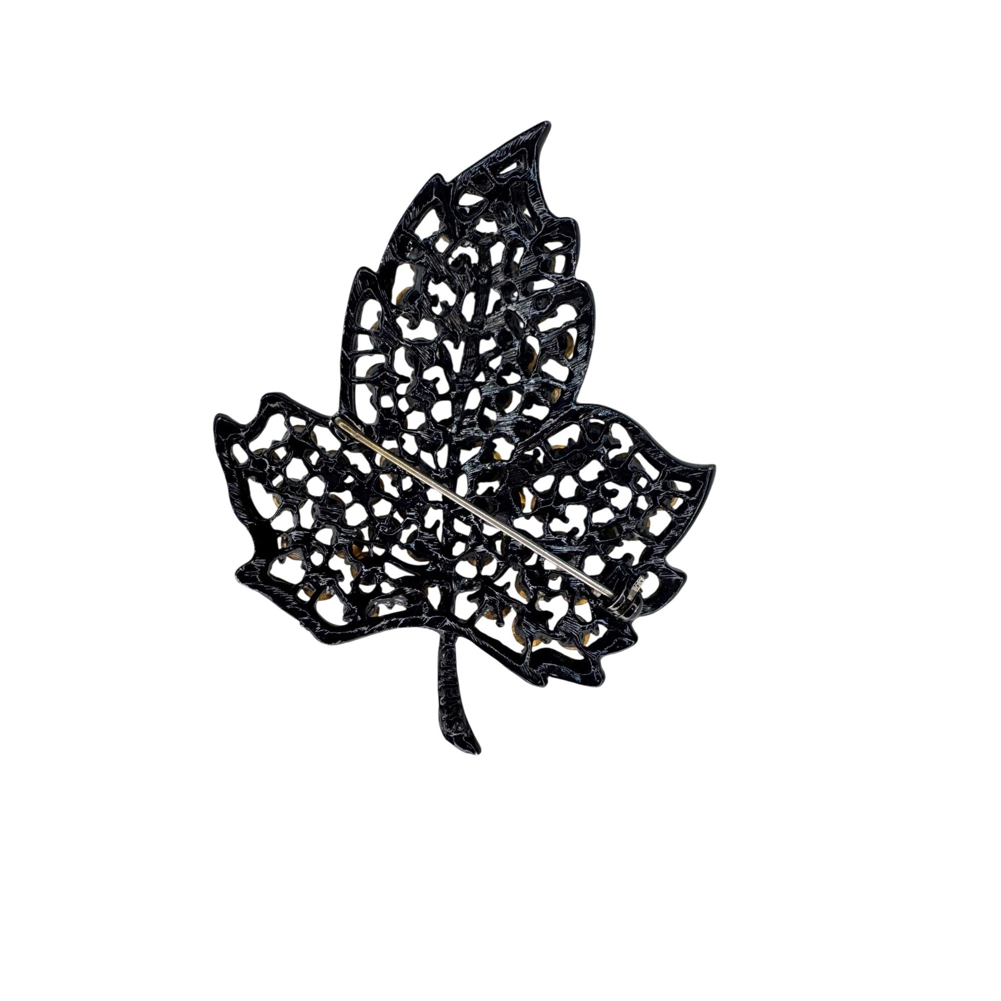 Weiss Black Crystal Enamel Leaf Brooch Vintage Mid Century