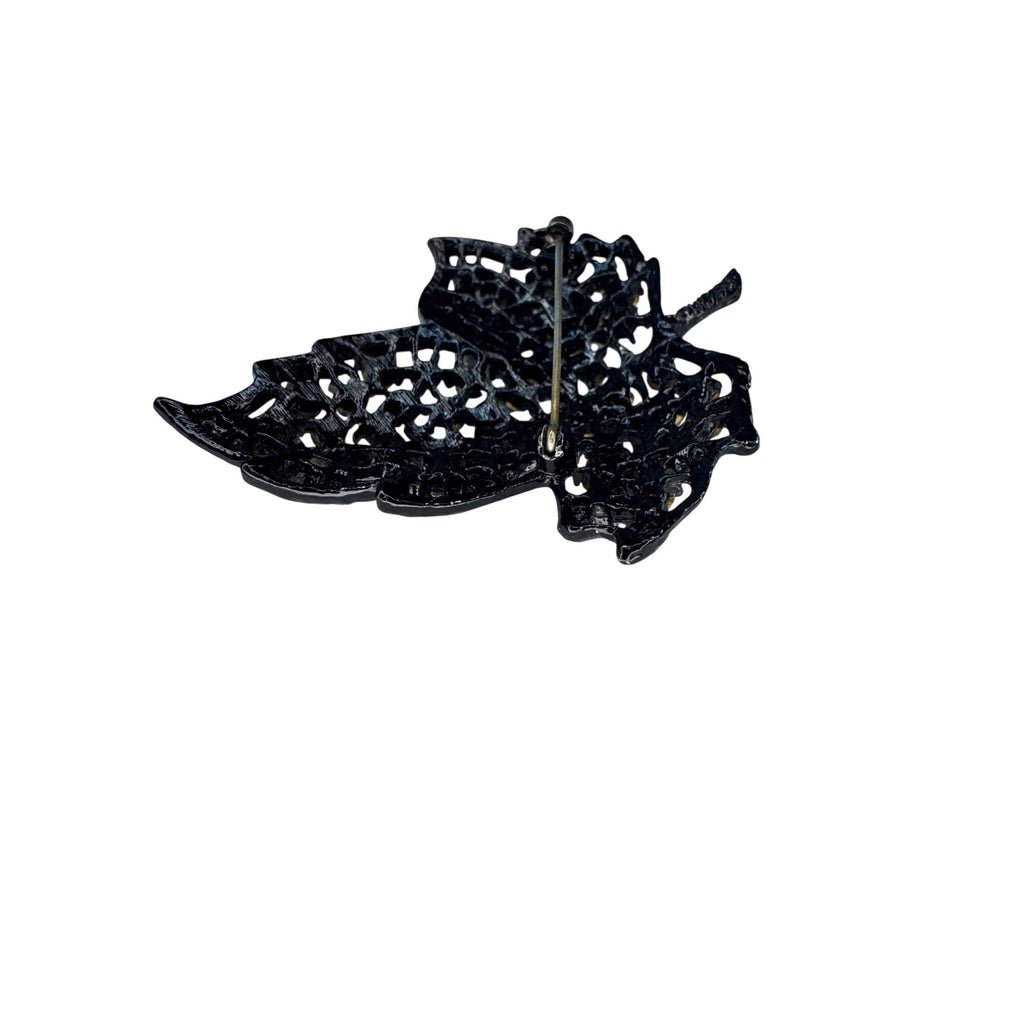 Weiss Black Crystal Enamel Leaf Brooch Vintage Mid Century