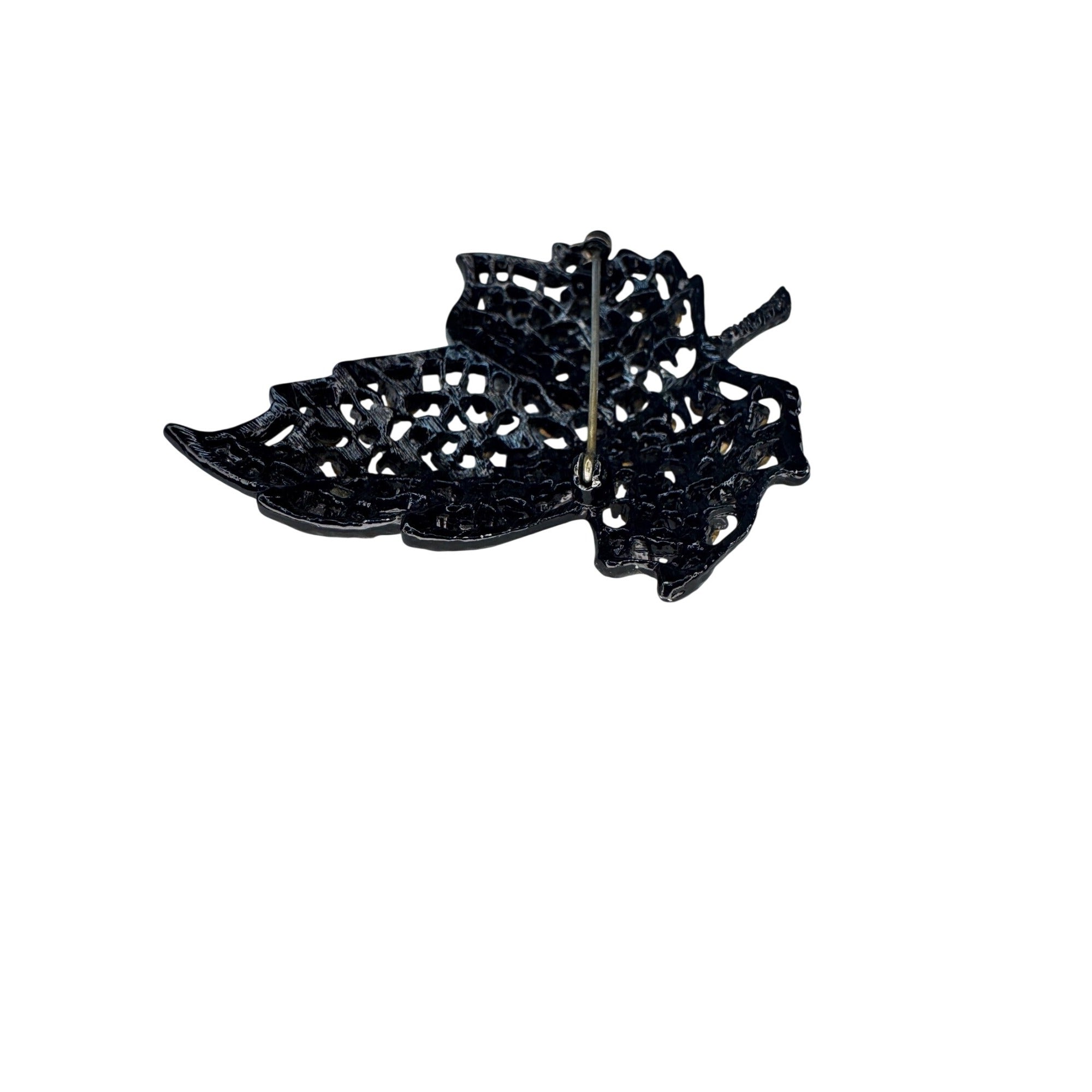 Weiss Black Crystal Enamel Leaf Brooch Vintage Mid Century