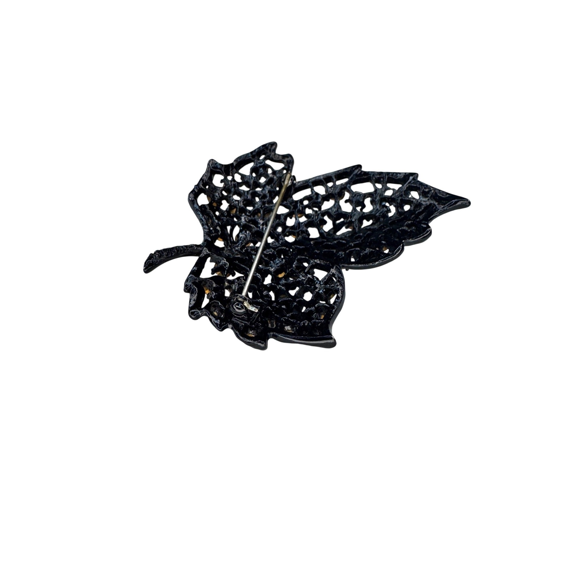 Weiss Black Crystal Enamel Leaf Brooch Vintage Mid Century